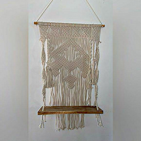 Wall Mounted Floating wood Shelf Large cream boho Macrame Tapestry hand-woven - Picture 2 of 15